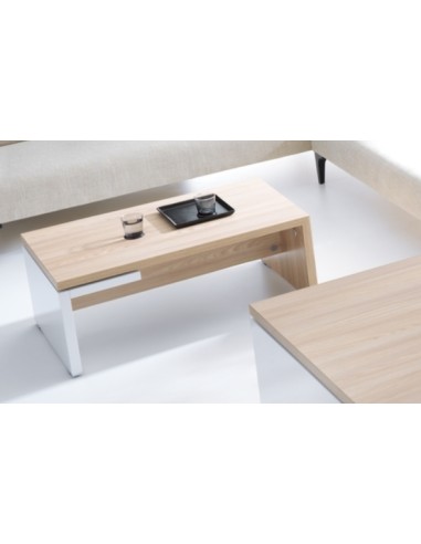Table basse design en bois clair et blanc dans salon 
