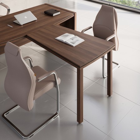 Extension sur bureau en bois foncé et 2 chaises roses