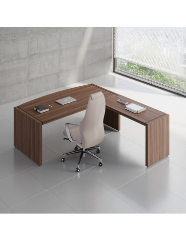 Bureau d'angle en bois foncé avec chaise de travail rose