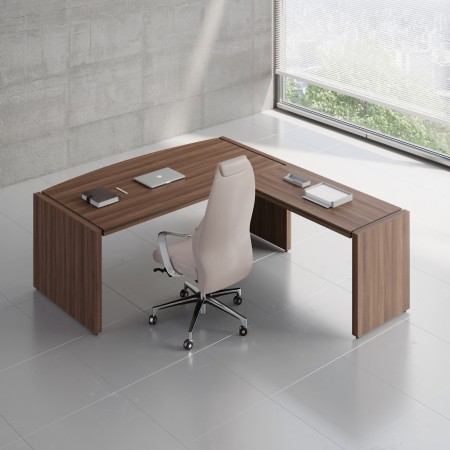 Bureau d'angle en bois foncé avec chaise de travail rose