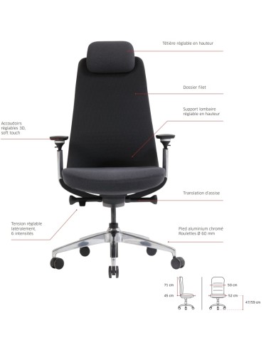 Réglage de la chaise de bureau professionelle avec haut dossier et têtière - Khan - Sitek - 7400