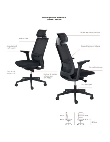 Quelles sont les réglages d'une chaise de travail avec têtière et dossier filet - Carlo - Sitek - 7810