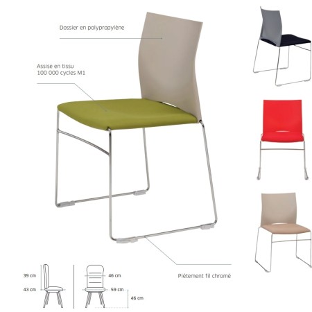 Explication technique de la chaise réunion avec assise tissu et empilable - Jill - Sitek - 3681