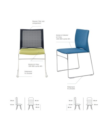 Fiche techniqe de la chaise en tissu empilable design - Jill - 3682 - Sitek