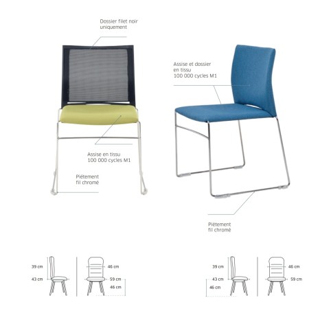 Fiche techniqe de la chaise en tissu empilable design - Jill - 3682 - Sitek