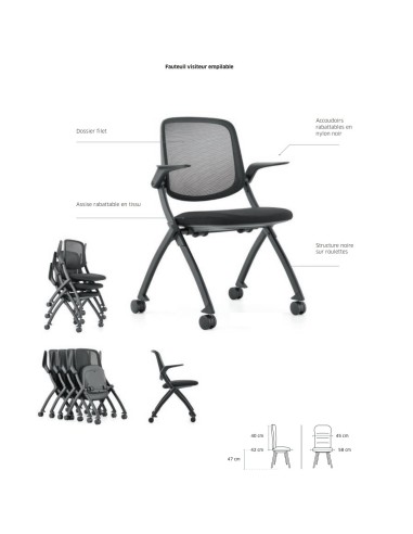  	Fiche technique de la chaise de conférence avec assise et accoudoirs rabattabe et avec roulettes - Visi - Sitek - 3930