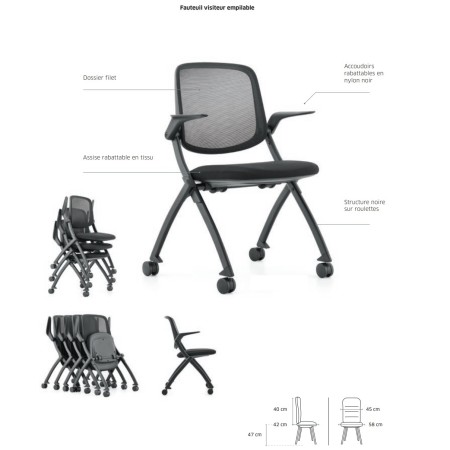  	Fiche technique de la chaise de conférence avec assise et accoudoirs rabattabe et avec roulettes - Visi - Sitek - 3930