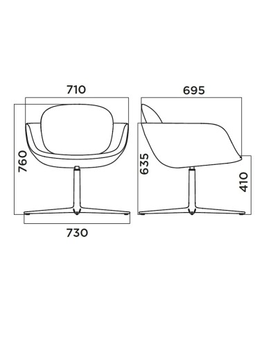Dimensions Fauteuil lounge dossier bas pieds en étoile PEB