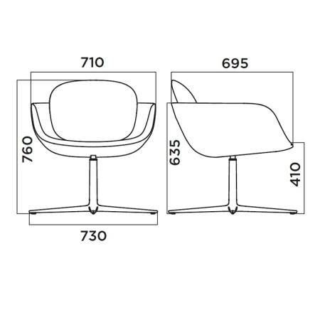 Dimensions Fauteuil lounge dossier bas pieds en étoile PEB