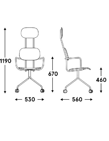 Dimensions New School avec têtière - piétement étoile avec roulettes