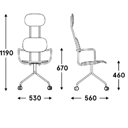 Dimensions New School avec têtière - piétement étoile avec roulettes