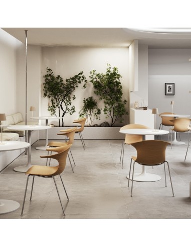 Chaises design en bois courbé et pieds en acier dans une salle de pause