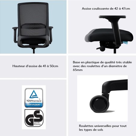Détails de la chaise de bureau : assise réglable, hauteur d'assise, base en plastique avec roulettes, certification TÜV GS