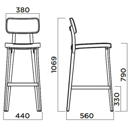 Dimensions Tabouret haut design bois et plastique salle de coworking – Porta Venezia