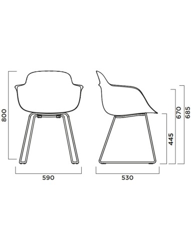 Dimensions détaillées de la chaise Sicla piètement traîneau