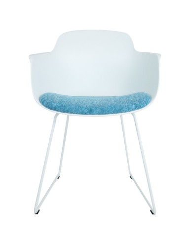 Chaise Sicla design avec coque en plastique et tissu et structure traîneau – vue de face