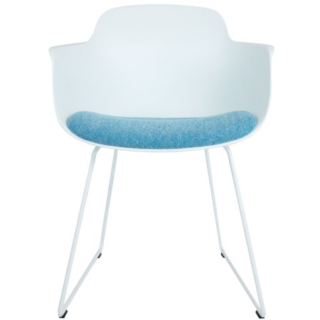 Chaise Sicla design avec coque en plastique et tissu et structure traîneau – vue de face