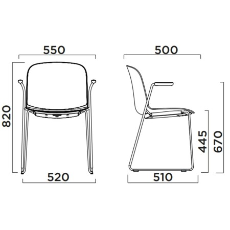 Dimensions techniques de la chaise Relief Sled avec accoudoirs