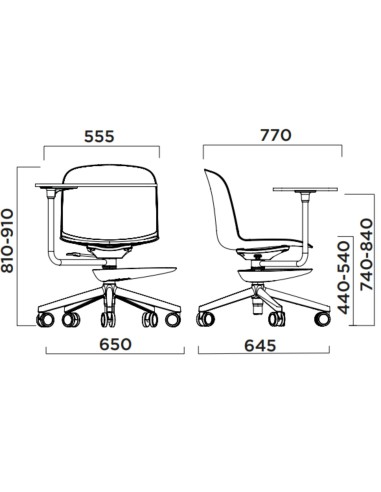 Dimensions chaise Relief Edu 5 star base avec tablette pivotante et base 5 roulettes