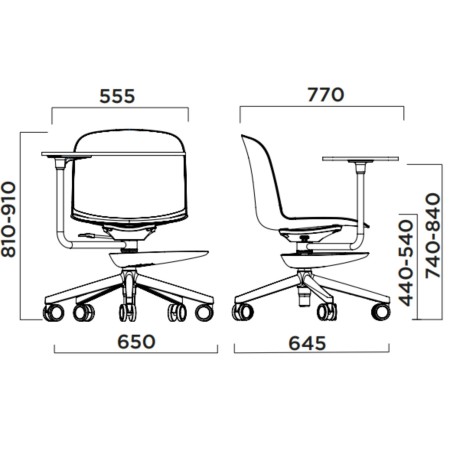 Dimensions chaise Relief Edu 5 star base avec tablette pivotante et base 5 roulettes