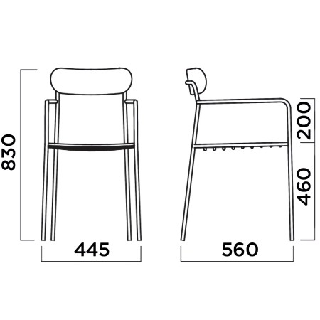 Dimensions chaise extérieure uti avec accoudoirs en acier et dossier plastique
