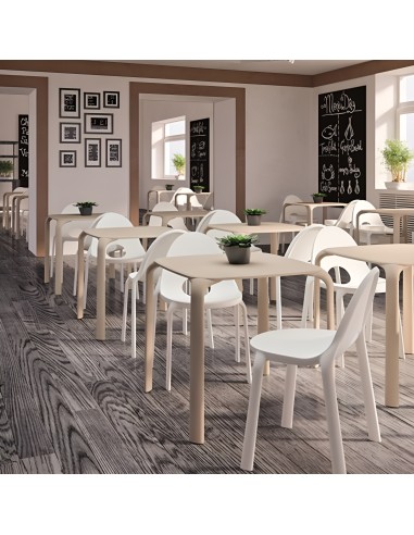 Chaises design Drop blanches et sable dans une salle de restaurant contemporaine