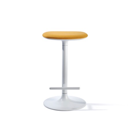 Tabouret de cuisine Flink avec assise jaune et piètement central blanc avec repose-pieds intégré