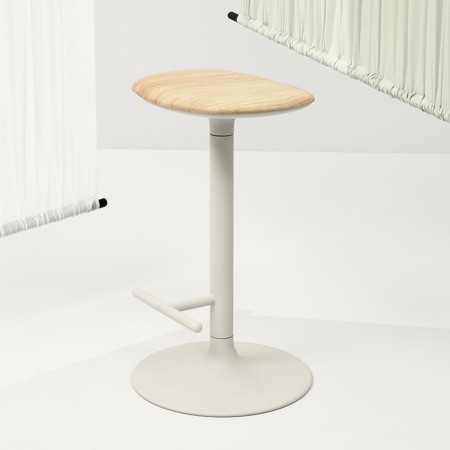 Tabouret de bar Flink avec assise en bois clair et piètement blanc, design minimaliste contemporain