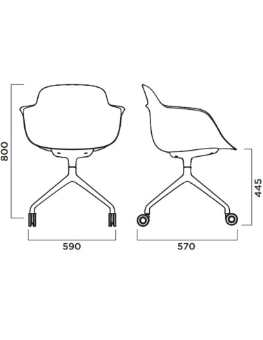 Dimensions chaise pivotante à roulettes Sicla avec assise tapissée et coque enveloppante