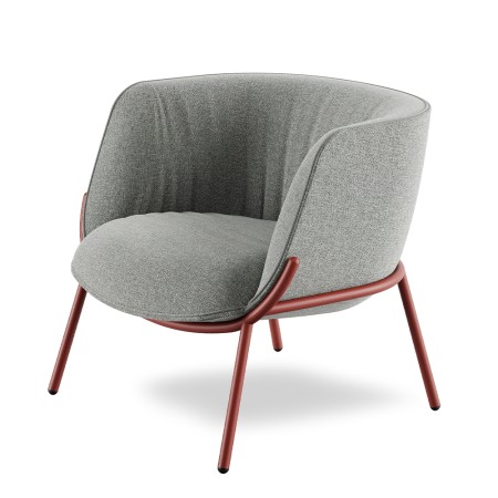 Fauteuil design Bombom 4 pieds en tissu gris clair avec cadre rouge texturé – style moderne
