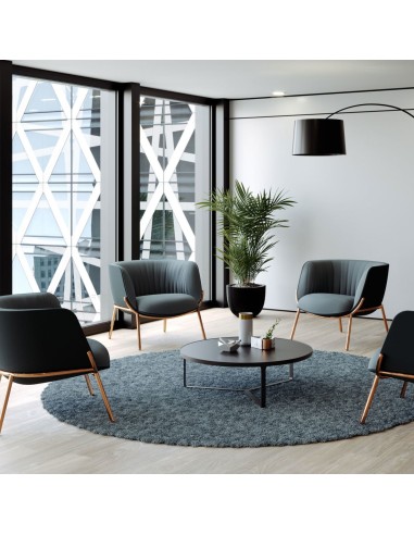 Fauteuils lounge Bombom 4 pieds en tissu bleu pétrole et structure cuivrée – salle d’attente haut de gamme