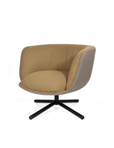 Fauteuil design Bombom en tissu bicolore jaune et taupe avec piètement étoile noir