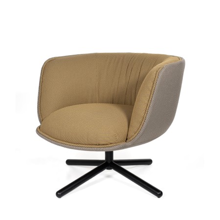 Fauteuil design Bombom en tissu bicolore jaune et taupe avec piètement étoile noir
