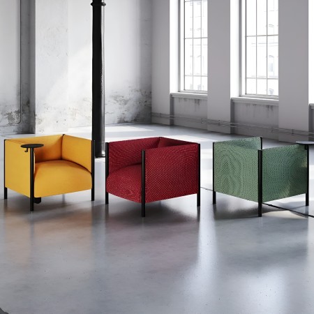 Fauteuils lounge Waffle One en tissu jaune, rouge et vert – structure noire