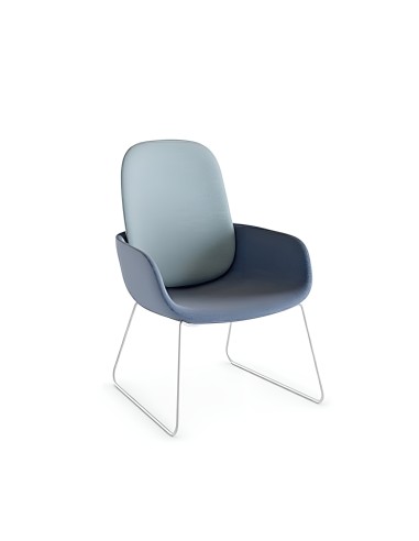 Fauteuil Peb Sled dossier haut bicolore bleu clair et bleu foncé, pieds traîneau blancs