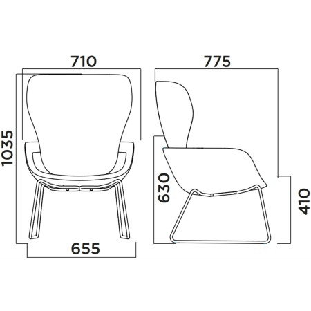 Dimensions techniques du fauteuil Peb Sled haut dossier avec structure traîneau en acier