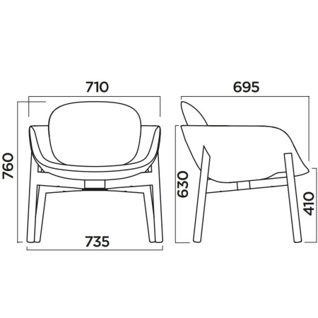 Dimensions du fauteuil PEB low back pieds en bois