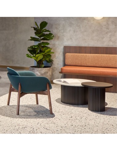 Salle d'accueil, attente avec fauteuil confortable en bois et tissu avec dossier bas - Peb