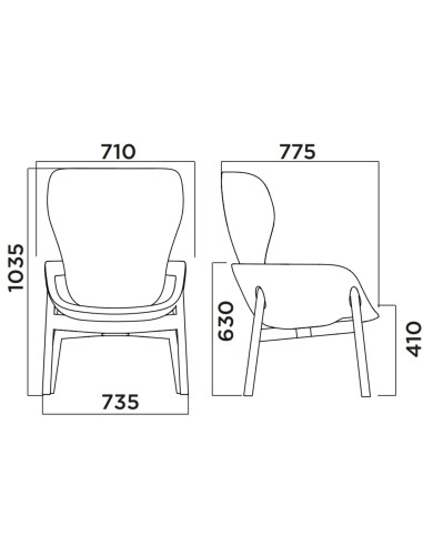 Dimensions du fauteuil PEB Modesty panel avec pieds en bois