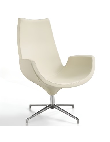 Fauteuil lounge Beetle dossier haut en cuir beige – base pivotante aluminium