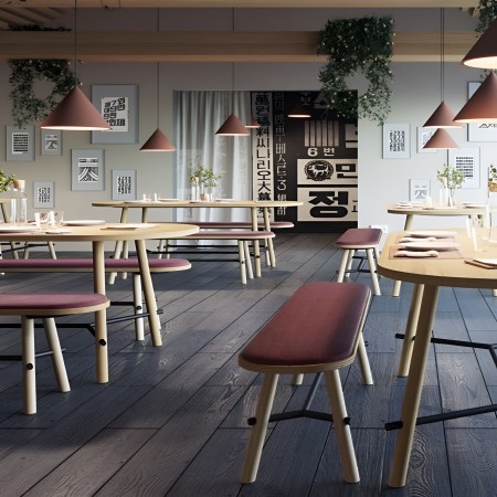 Bancs Record Bench en salle de pause entreprise et terrasse - assise rembourrée en tissu rouge