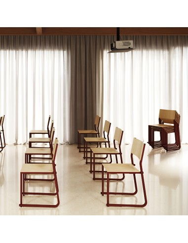 GT01 – Chaise empilable en métal avec assise en bois, parfaite pour les espaces modernes et polyvalents