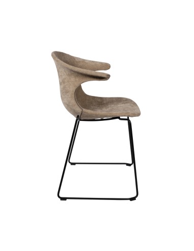 Chaise d’accueil en tissu taupe avec pieds traîneau, au style moderne et épuré