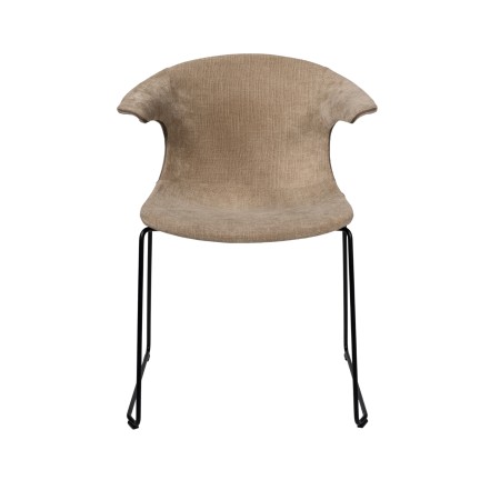 Chaise en tissu taupe avec accoudoirs ouverts et piètement traîneau, idéale pour salle d’attente