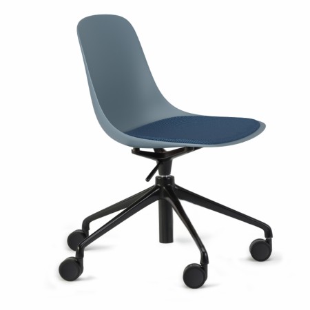 Chaise de bureau à roulettes bleu-gris avec coque plastique et assise tissu bleu, réglable pour poste de travail