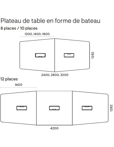 Dimensions de la table ARQUS 8-12 personnes bateau