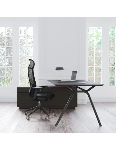 Bureau de direction noir en bois et métal avec caisson de rangement fixe - ARQUS