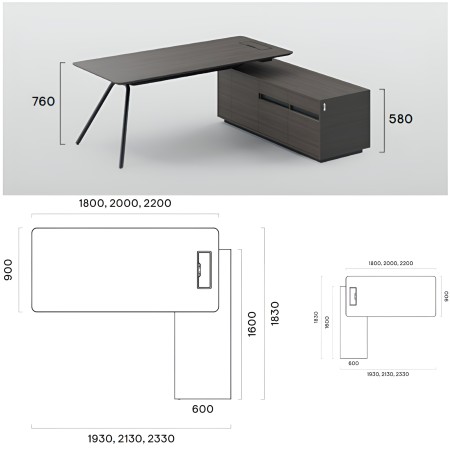 Dimensions du bureau rectangulaire avec caisson ARQUS