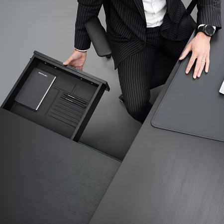 Tiroir de rangement du bureau ARQUS en cuir et bois - haut de gamme direction