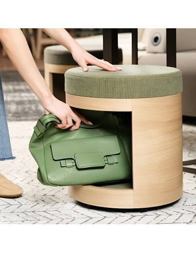 Pouf compact rond ZooZoo avec niche de rangement intégrée – finition bois clair et tissu vert